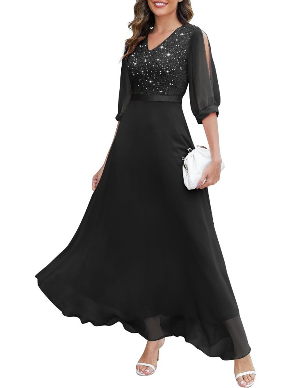 Women's Black Sequin Sparkly Glitter Split Sleeves Formal Bodycon Maxi Dress